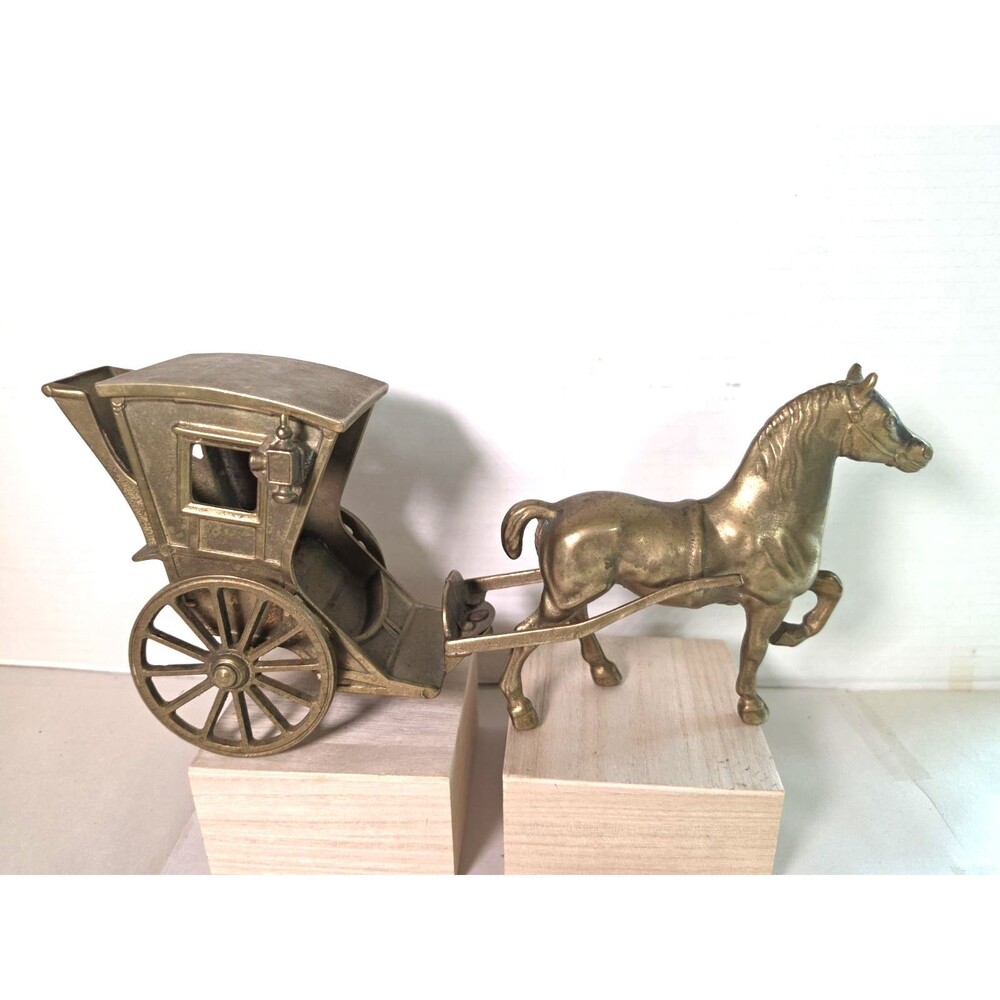 Vintage Large 12”x 7” Tall Solid Brass Horse & Cover Carriage